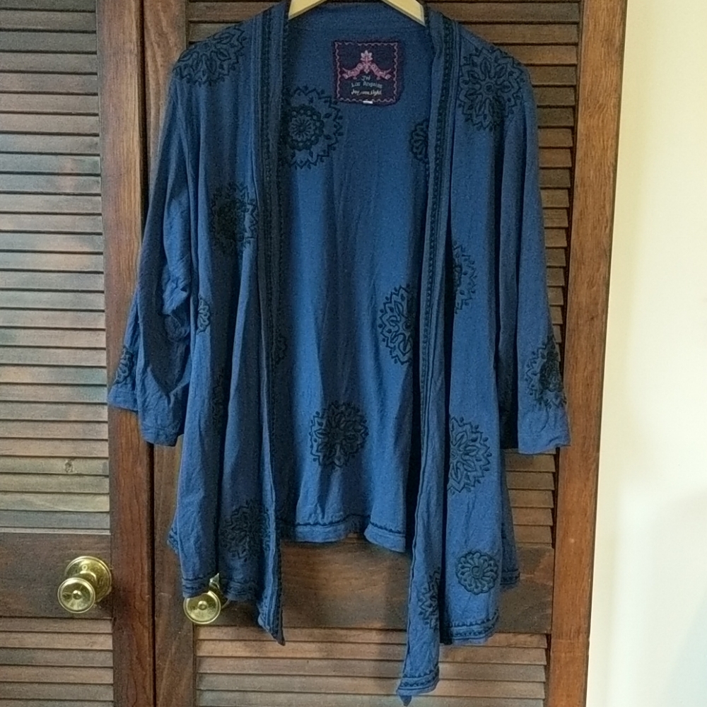 Johnny Was Navy & Black Embroidered Boho Cardigan